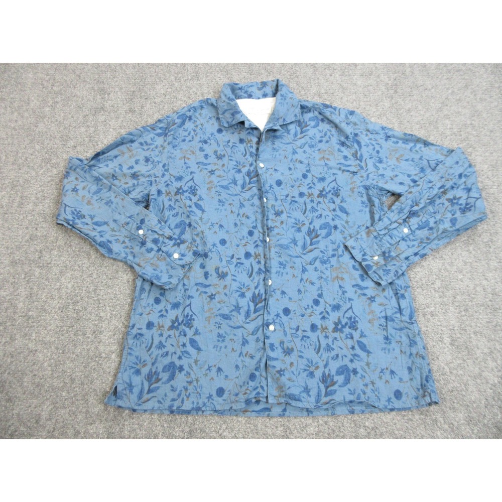 Officine Generale Shirt Mens L Blue Floral Linen Cotton Long Sleeve Button Front